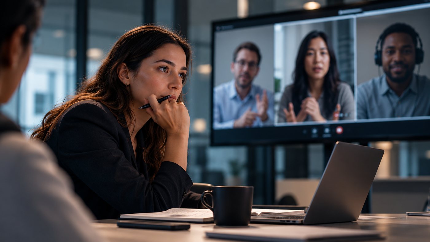 Profissional numa sala de reunião acompanhando uma call com colegas estrangeiros