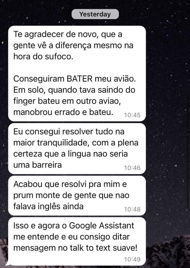 Mensagem de um aluno da SpeakPro contando a evolução no inglês falado