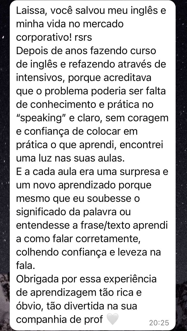Mensagem de um aluno da SpeakPro contando a evolução no inglês falado