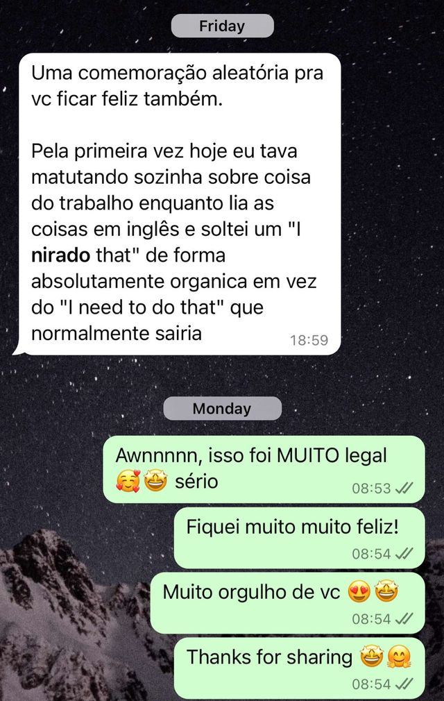 Mensagem de um aluno da SpeakPro contando a evolução no inglês falado