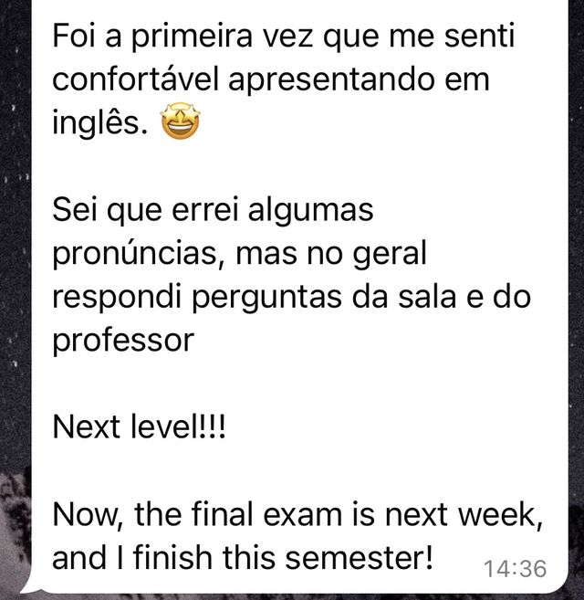 Mensagem de um aluno da SpeakPro contando a evolução no inglês falado